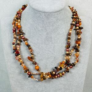 You and I Necklace Beaded Layered Brown Orange Stone Silver Tone Western Boho